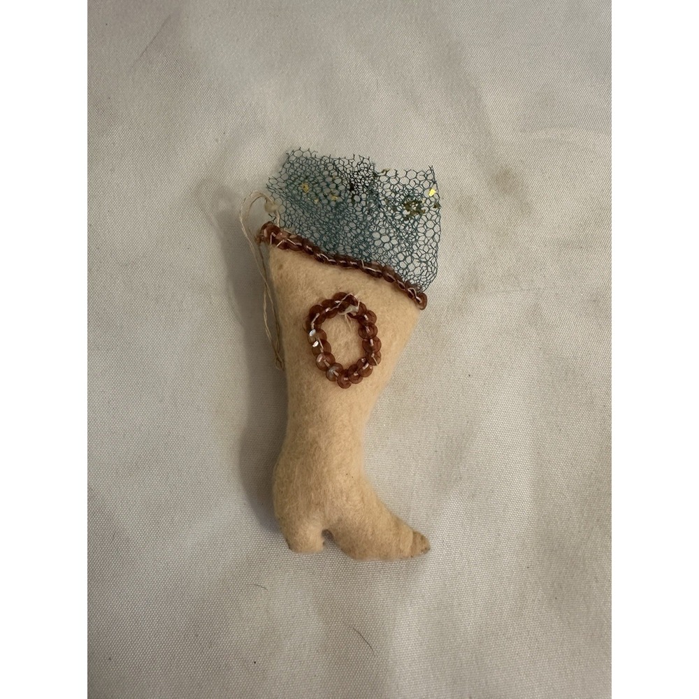 Vintage Felt Leg Stocking Christmas Ornament Beaded Mesh Cream Handmade